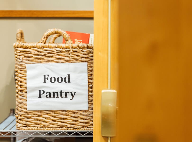 A basket labeled &quot;Food Pantry&quot;