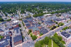 Overhead view of downtown Natick including the church.