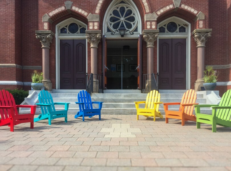 Adirondack chairs in rainbow colors