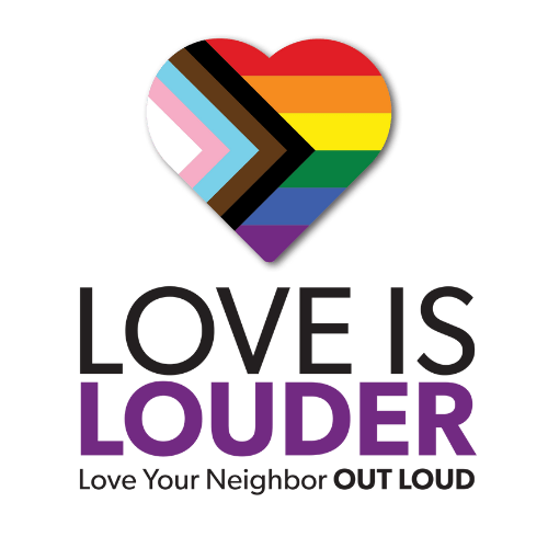 Heart Shaped Rainbow Flag with "Love Is Louder" text