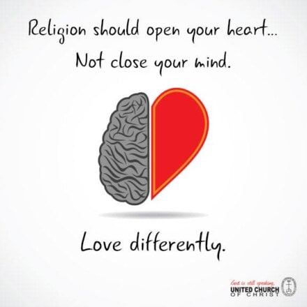 A half brain, half heart image with the slogan "Religion should open your heart, not close your mind."