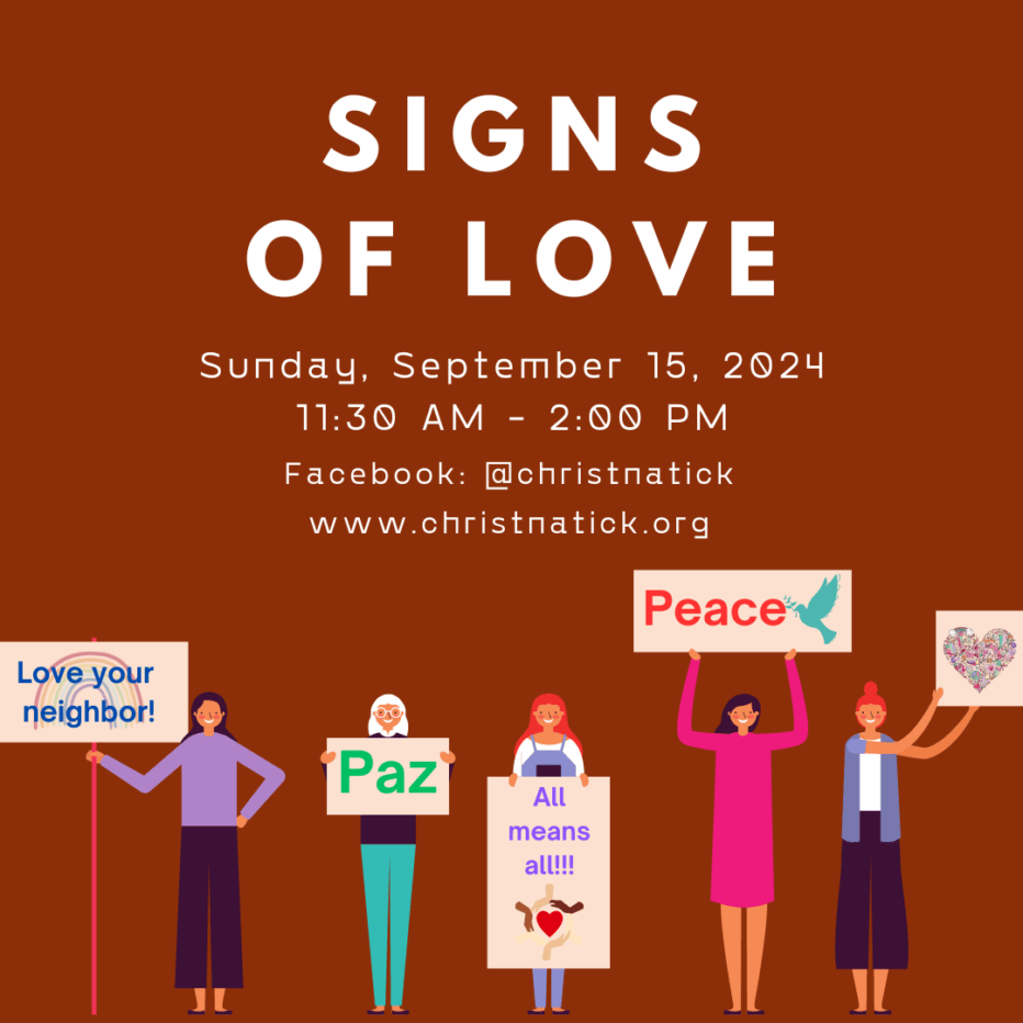 Drawing of people holding signs with messages of love.