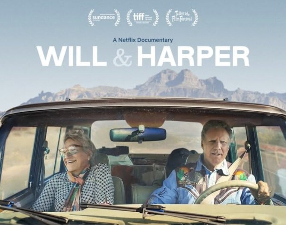 Movie poster showing two people driving through the desert.