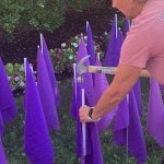 Man hammers in a purple flag into the lawn.