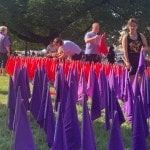 Purple and red flags being planted on church lawn