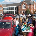 Crowd of people in church parking lot