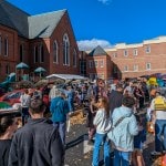 Crowd of people in church parking lot