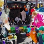 Car hatchback decorated for halloween.