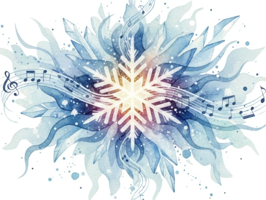 Artwork combining winter and music themes.